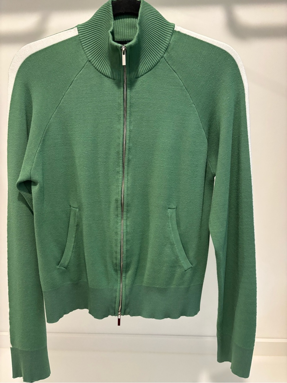 Sanctuary Green Zip-Front Women's sweater Jacket with White Shoulder Stripe